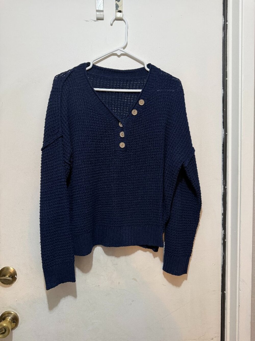 SHEIN Women Blue Waffle Knit V-Neck Long Sleeve Size L (102)